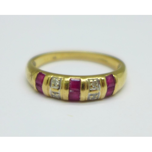 1098 - A 9ct gold, ruby and diamond ring, 2.2g, O