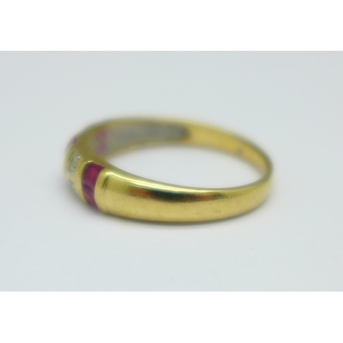 1098 - A 9ct gold, ruby and diamond ring, 2.2g, O