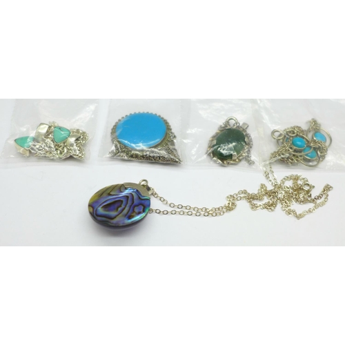 1111 - Five silver pendants including abalone