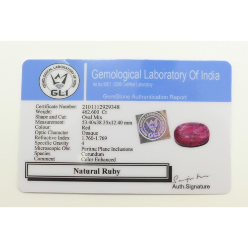 1118 - A large collectable 462.60ct oval shape mixed cut natural ruby gemstone, with Gemological Laboratory... 