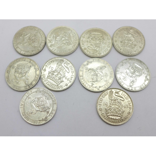 1143 - Ten George V and George VI shillings, years 1912, 1915, 1916, 1918, 1926, 1941, 1942, 1943, 1944 and... 