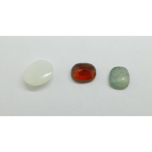 1155 - Three unmounted gemstones, green sapphire, 2.76ct, opal, 2.77ct, and garnet, 4.20ct, certified