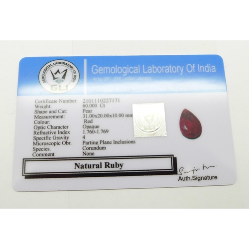 1158 - A 60ct pear shaped natural ruby gemstone, with Gemological Laboratory of India report