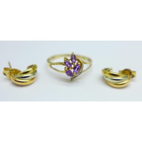 1164 - A pair of 9ct gold earrings and a 9ct gold ring, 3.2g, ring size O