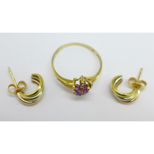 1164 - A pair of 9ct gold earrings and a 9ct gold ring, 3.2g, ring size O