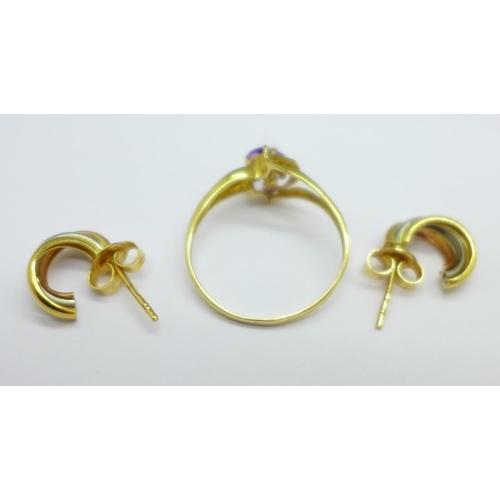 1164 - A pair of 9ct gold earrings and a 9ct gold ring, 3.2g, ring size O