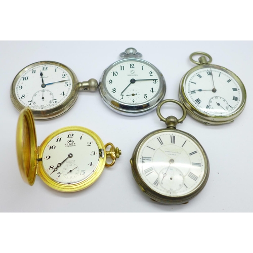 1176 - Five pocket watches, one hallmarked silver, one marked fine silver, a/f