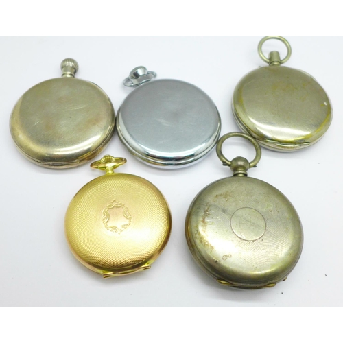 1176 - Five pocket watches, one hallmarked silver, one marked fine silver, a/f