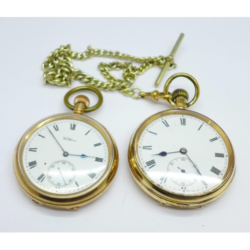 1177 - Two gold plated top wind pocket watches including Waltham, and an Albert chain