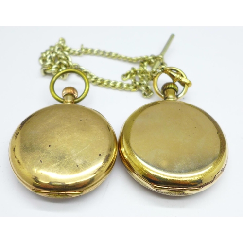 1177 - Two gold plated top wind pocket watches including Waltham, and an Albert chain