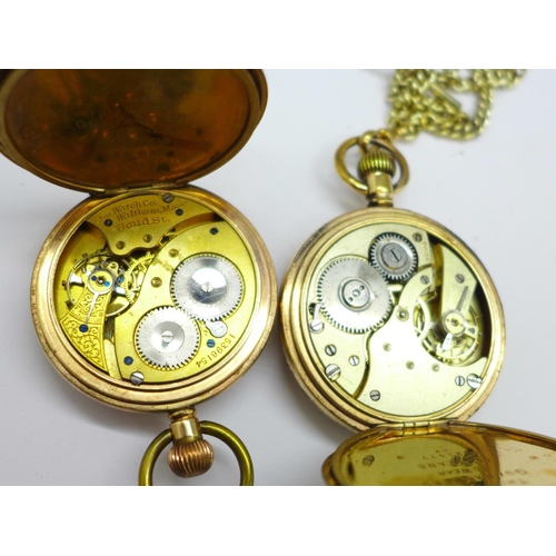 1177 - Two gold plated top wind pocket watches including Waltham, and an Albert chain