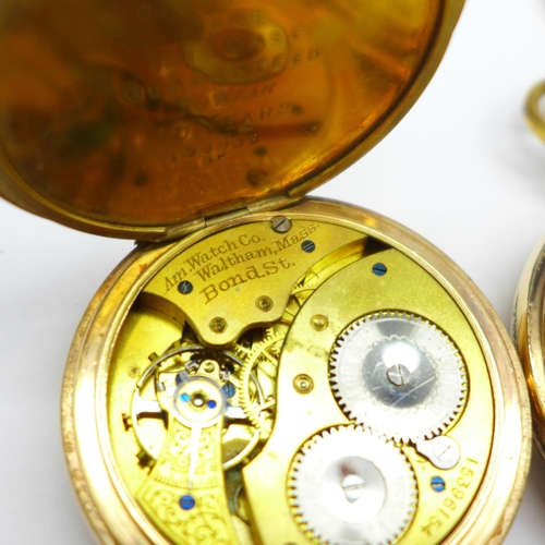 1177 - Two gold plated top wind pocket watches including Waltham, and an Albert chain