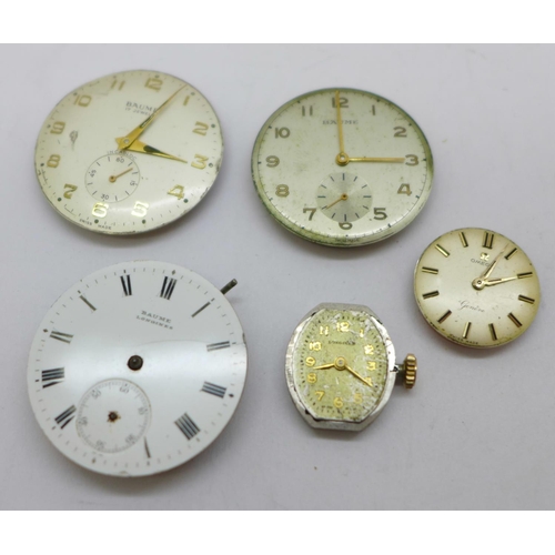 1198 - Four wristwatch movements; Omega, Longines, two Baume, a Longines and a Baume-Longines fob watch mov... 