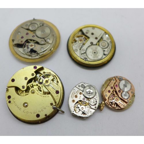 1198 - Four wristwatch movements; Omega, Longines, two Baume, a Longines and a Baume-Longines fob watch mov... 