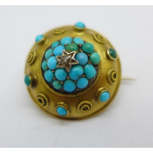 1201 - A Victorian yellow metal, turquoise and old cut diamond set brooch, 3.8g, 19mm