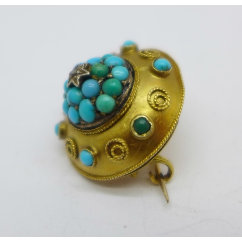 1201 - A Victorian yellow metal, turquoise and old cut diamond set brooch, 3.8g, 19mm