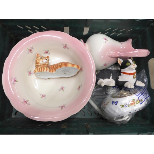 1273 - A jug and bowl, two cat figures, an Aynsley telephone and six plates **PLEASE NOTE THIS LOT IS NOT E... 