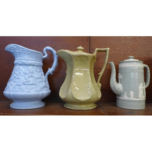 601 - Five 19th Century jugs including a Leeds Don Pottery relief moulded jug and cover, circa 1820-30, a ... 