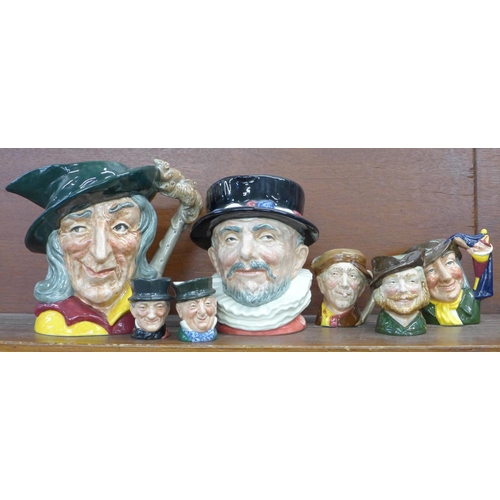 605 - Two large Royal Doulton character mugs, Pied Piper, Beefeater and five smaller Royal Doulton charact... 