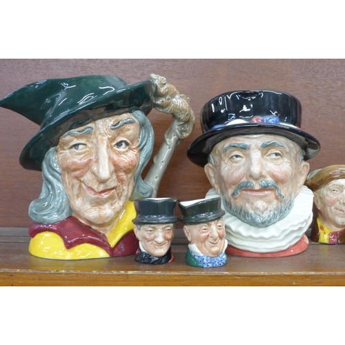 605 - Two large Royal Doulton character mugs, Pied Piper, Beefeater and five smaller Royal Doulton charact... 