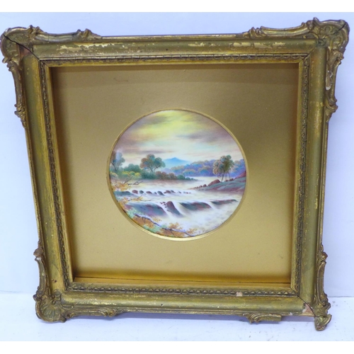 610 - A Paragon painted porcelain plaque with gilt frame, F. Mickewright after BW Leader, plaque 11.5cm