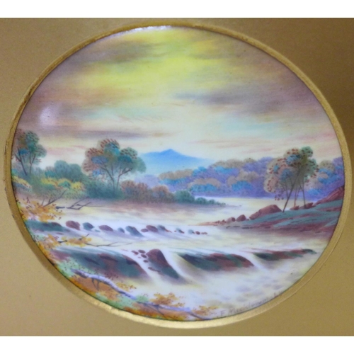 610 - A Paragon painted porcelain plaque with gilt frame, F. Mickewright after BW Leader, plaque 11.5cm