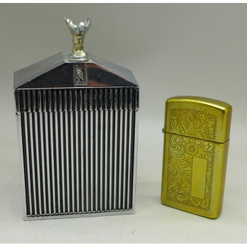 638 - A Zippo lighter and a Rolls-Royce grille table lighter