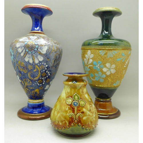 640 - Three Royal Doulton stoneware vases, 18.5cm and 8cm