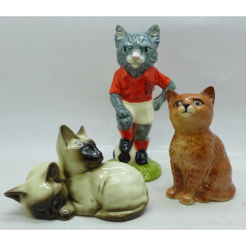 647 - Three Beswick cat figures, The Footballing Felines Collection Kitkat, Siamese cats and Kittens