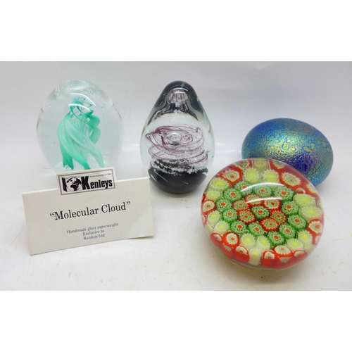 660 - Four glass paperweights including one handmade Molecular Cloud by Kenleys