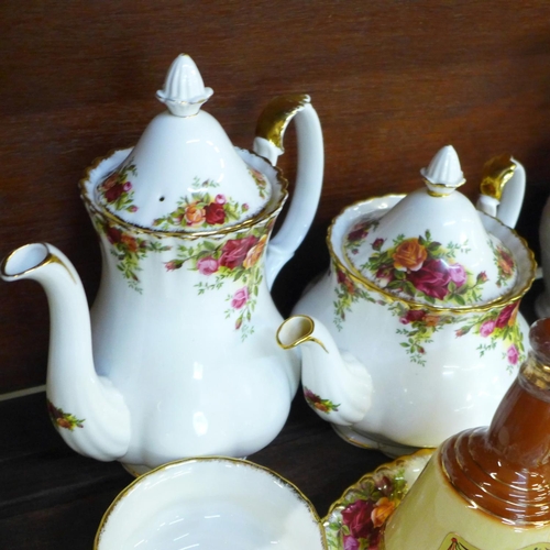 671 - Royal Albert Old Country Roses china, dish, tea pot, coffee pot and bowl, a Staffordshire dish, a Pa... 