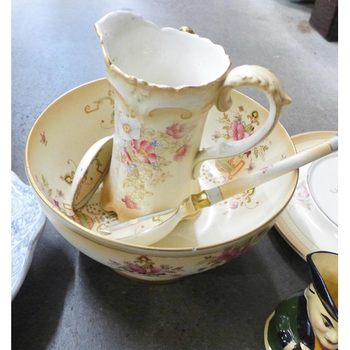 725 - A Crown Devon salad bowl with servers, a 'Tongue Dish' and a jug, a footed bowl and a plate marked R... 