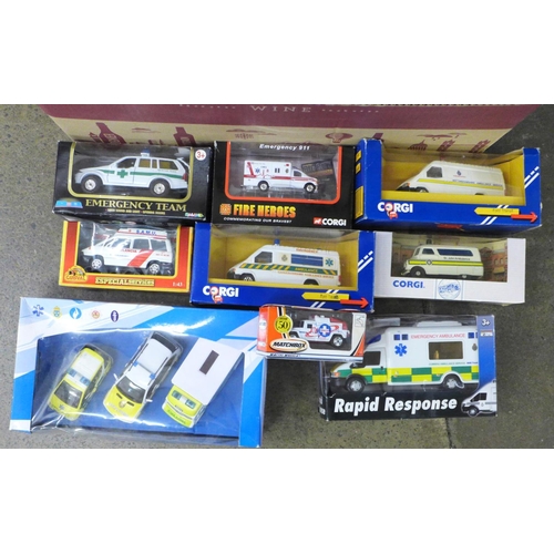 726 - A collection of emergency service model vehicles including Corgi and Matchbox