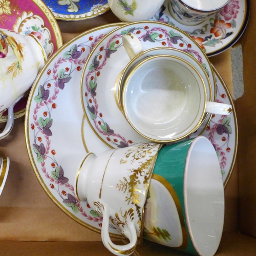 752 - A collection of English porcelain cups, saucers, many hand painted, 18th and 19th Century