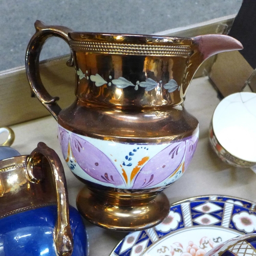 769 - A Royal Crown Derby Imari vase, cups, saucers, an Imari teapot, copper lustre jugs, some a/f