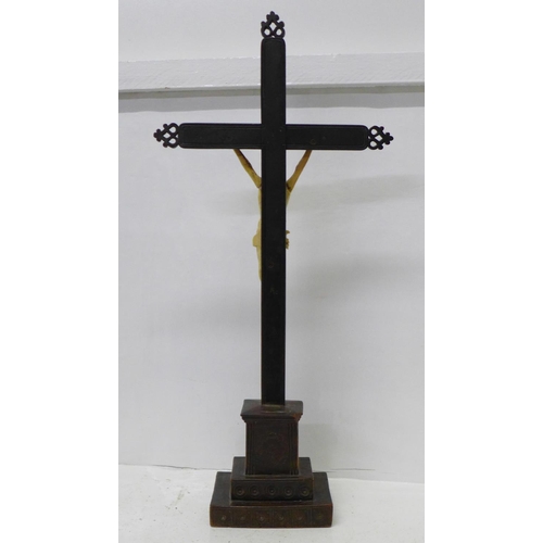 809 - A French 19th Century neo-Gothic carved wooden crucifix with carved bone figure of Christ, 47cm