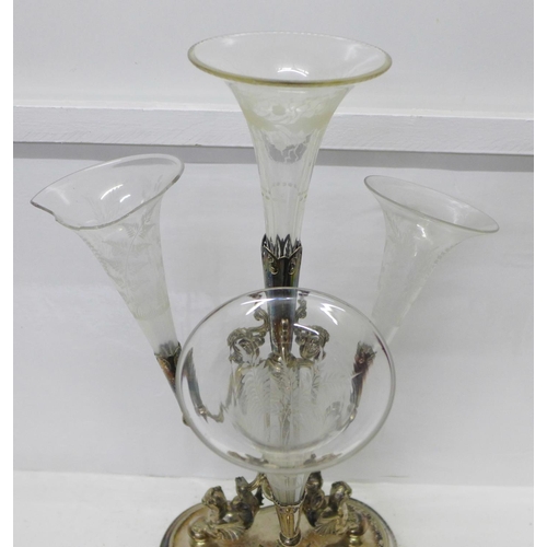 811 - A large epergne with Walker & Hall silver plated stand and four etched glass trumpets, one trumpet a... 