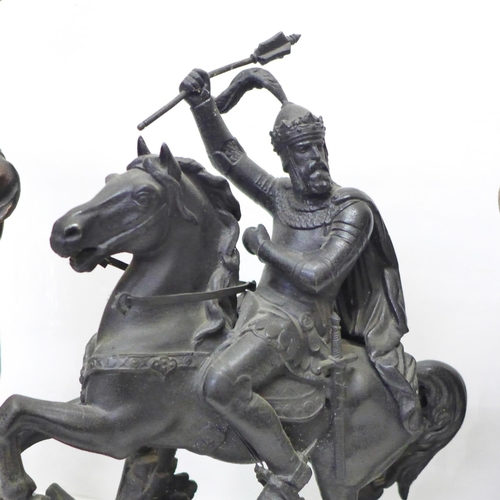 813 - A pewter figure of Edward III on horseback, 34cm and a pair of gilt spelter figures