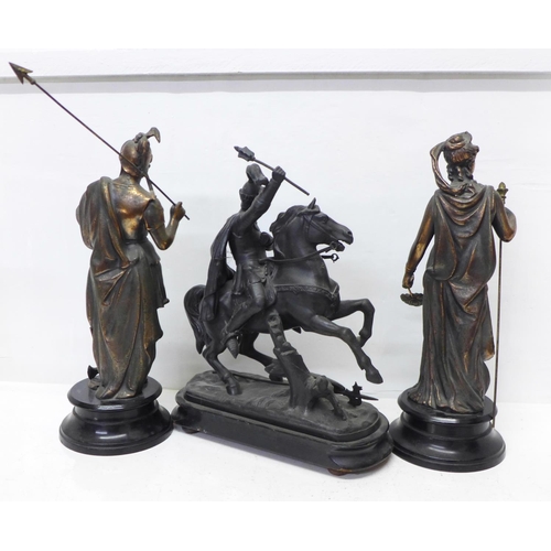 813 - A pewter figure of Edward III on horseback, 34cm and a pair of gilt spelter figures