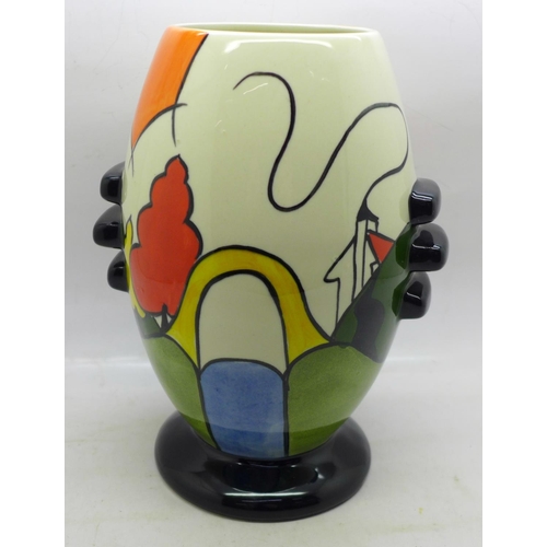 834 - Lorna Bailey Pottery - Old Ellgreave Pottery Three Knob Vase in the ‘Bridge & Stream’ Design, 22cm, ... 