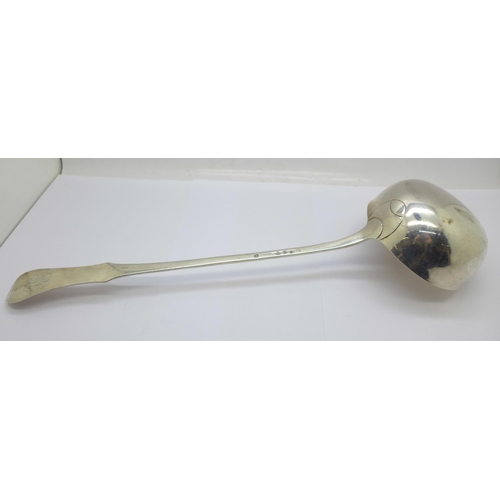 844 - A large continental silver ladle, possibly German, 205g, bowl dented