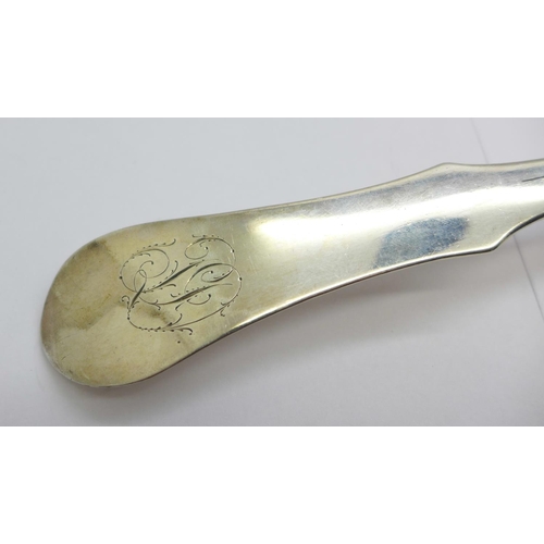 844 - A large continental silver ladle, possibly German, 205g, bowl dented