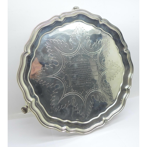 846 - An early Victorian silver salver, London 1839, Hayne & Cater, with inscription, 709g, 25.5cm