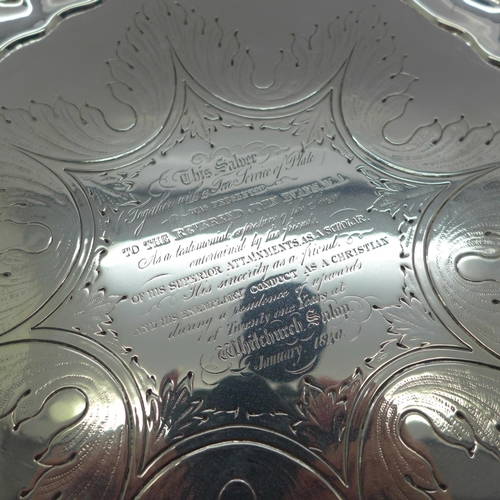 846 - An early Victorian silver salver, London 1839, Hayne & Cater, with inscription, 709g, 25.5cm