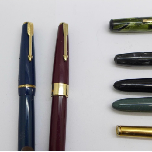 880 - Four pens with 14ct gold nibs; Conway Stewart 15, Blackbird self-filler, Wearever in green marble an... 