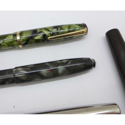 880 - Four pens with 14ct gold nibs; Conway Stewart 15, Blackbird self-filler, Wearever in green marble an... 