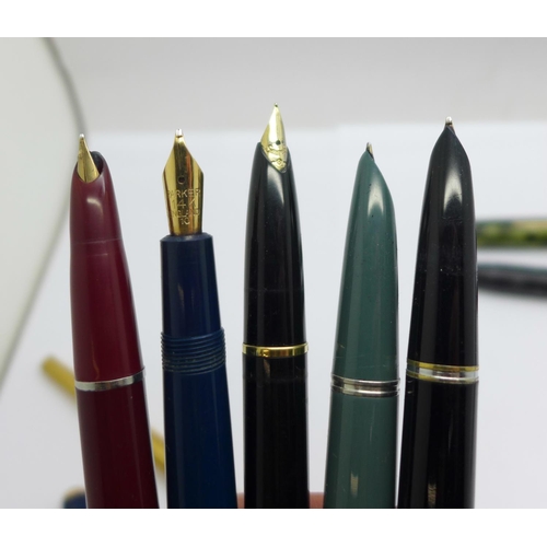 880 - Four pens with 14ct gold nibs; Conway Stewart 15, Blackbird self-filler, Wearever in green marble an... 