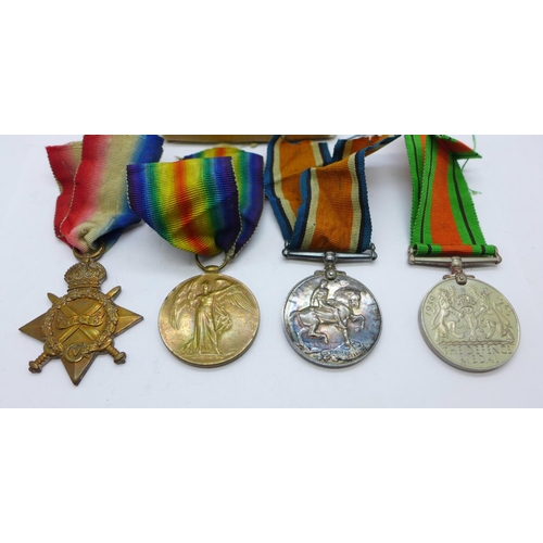 896 - A trio of WWI medals to 20415 Pte. C.F. Devonshire Leicestershire Regiment, the Victory Medal number... 