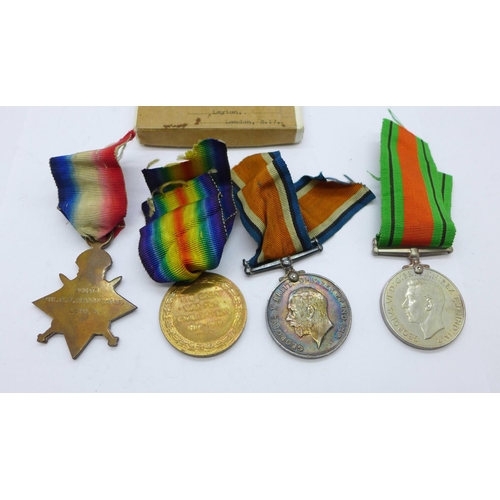 896 - A trio of WWI medals to 20415 Pte. C.F. Devonshire Leicestershire Regiment, the Victory Medal number... 