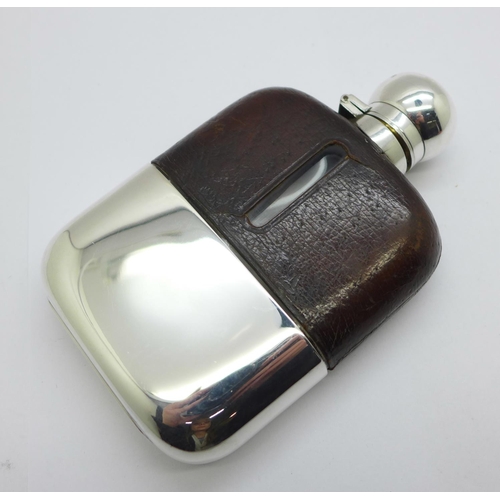 905 - A silver, glass and leather mounted hip flask, Sheffield 1908, height 12.5cm